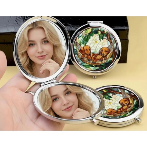 Dachshund Hammock Stained Glass Style Compact Mirror Round Makeup Mirror 2.76” - Picture 4 of 4